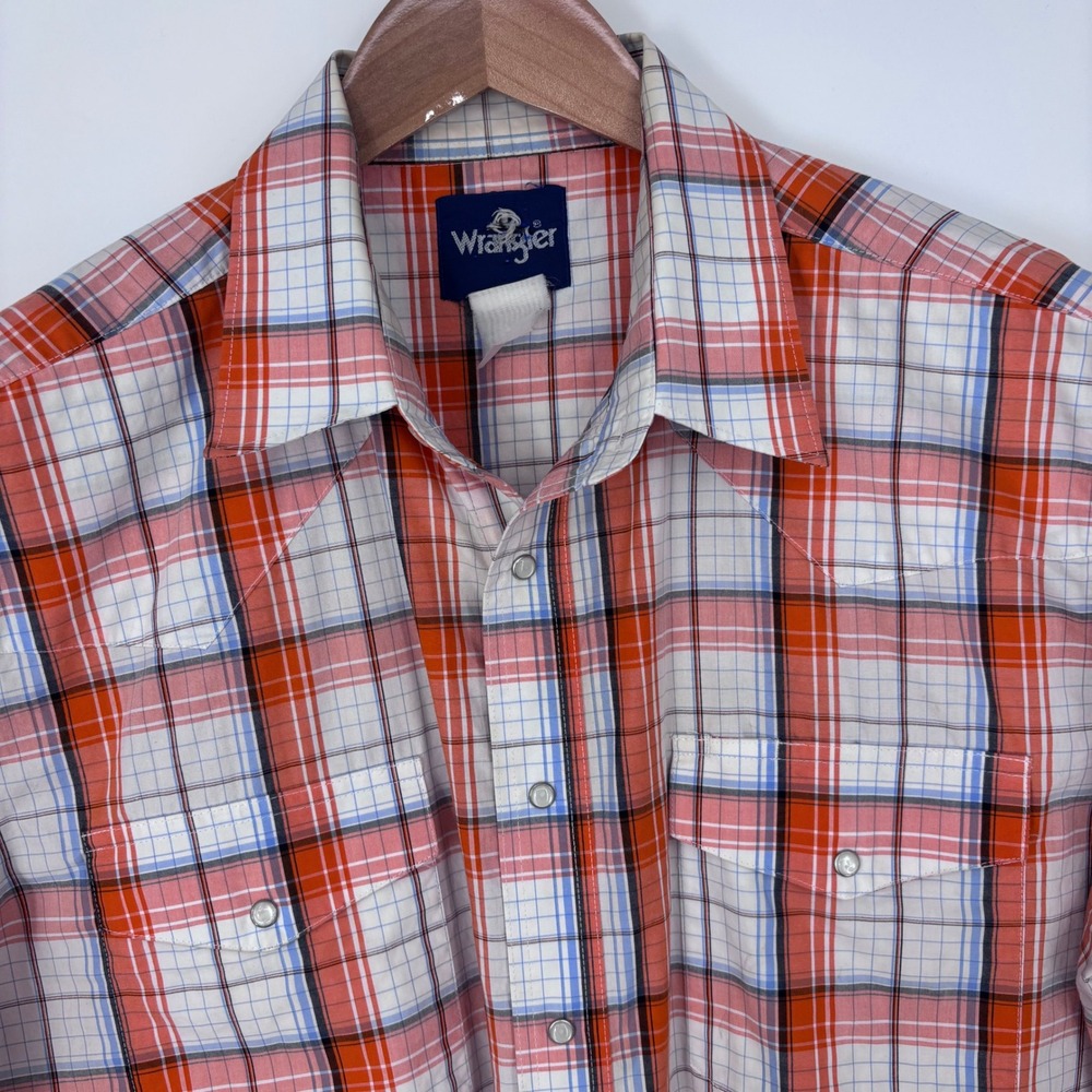 Wrangler Pearl Snap Western Shirt Men XXL Orange Plaid Short Sleeve Cowboy Retro